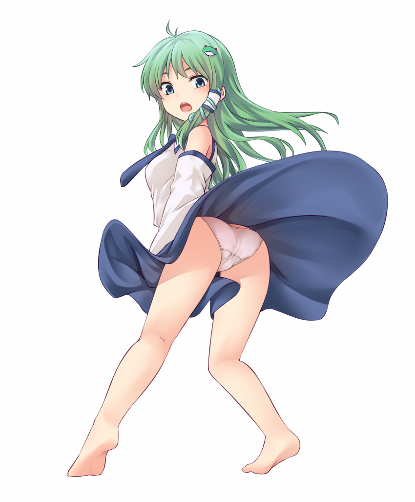 accidental_exposure antenna_hair ass bangs bare_legs bare_shoulders barefoot blue_eyes blue_neckwear blue_skirt blush breasts commentary_request detached_sleeves eyebrows_visible_through_hair frog_hair_ornament from_behind green_hair hair_ornament hair_tubes highres kneepits kochiya_sanae leaning_forward legs_apart long_hair long_skirt long_sleeves looking_at_viewer looking_back medium_breasts miyo_(ranthath) necktie no_legwear panties simple_background single_sidelock skirt skirt_lift snake_hair_ornament solo tareme tiptoes touhou underwear white_background white_panties wind wind_lift