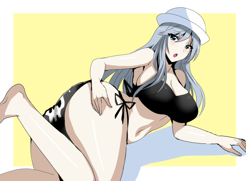 arm_support ass bangs barefoot bikini black_bikini blue_eyes breasts cleavage curvy dixie_cup_hat eyebrows_visible_through_hair flint_(girls_und_panzer) girls_und_panzer grey_hair hand_on_own_ass hat koujun_(mugenzero) large_breasts long_hair looking_at_viewer looking_back lying military_hat navel on_stomach open_mouth outside_border side-tie_bikini skull solo swimsuit thighs white_hat yellow_background