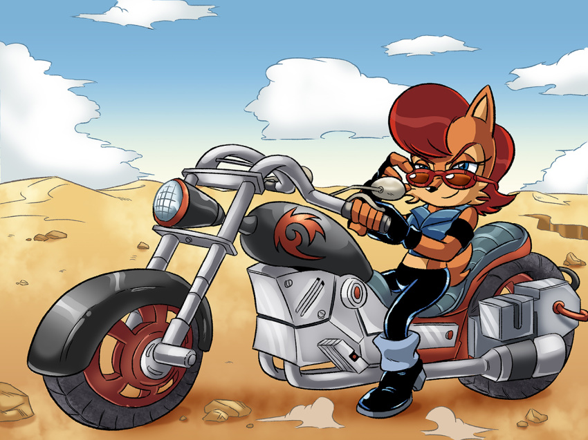 chauvels chipmunk clothing desert eyewear female glasses jacket mammal motorcycle rodent sally_acorn solo sonic_(series) vehicle