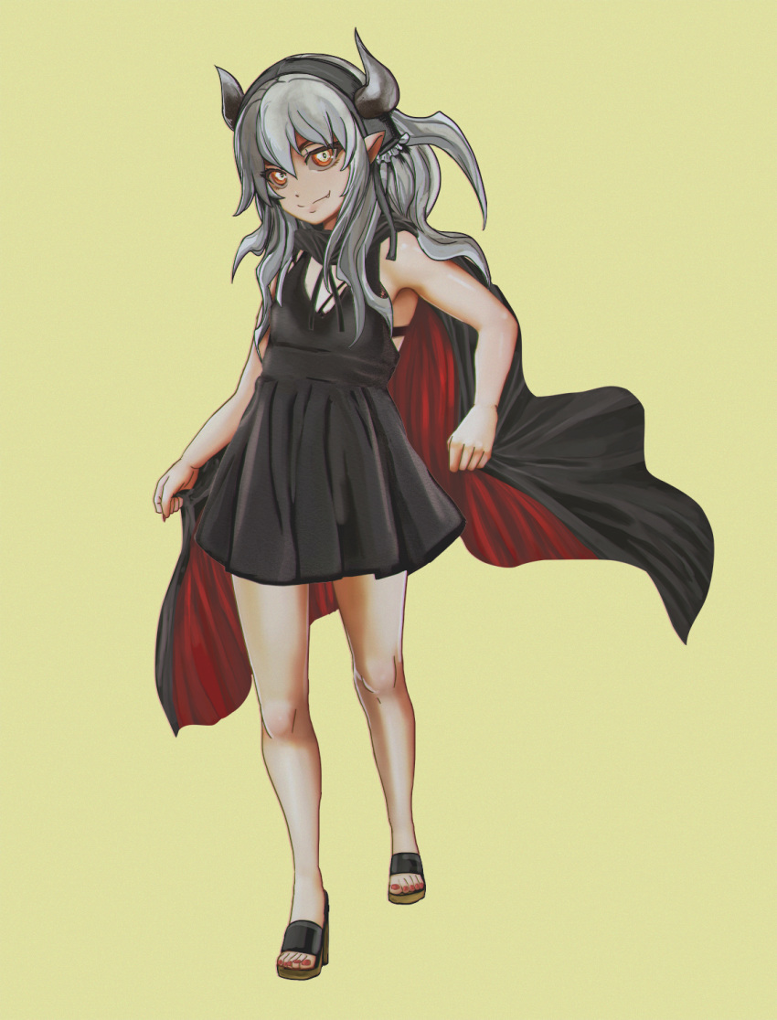 armad bad_id bad_pixiv_id black_bra black_cape black_dress black_sclera bra cape dress fang full_body grey_hair headband highres horns looking_at_viewer orange_eyes original pointy_ears sandals shiny shiny_skin simple_background smile solo standing underwear vampire yellow_background yellow_footwear