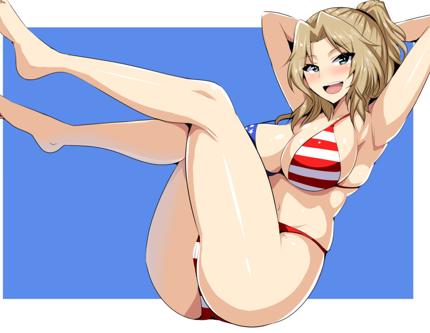 american_flag american_flag_bikini arms_behind_head ass barefoot bikini blonde_hair blue_background blue_eyes breasts cleavage flag_print girls_und_panzer hair_intakes hair_up invisible_chair kay_(girls_und_panzer) koujun_(mugenzero) large_breasts leaning_back legs_up long_hair looking_at_viewer navel open_mouth outside_border short_ponytail sitting smile solo swimsuit thighs