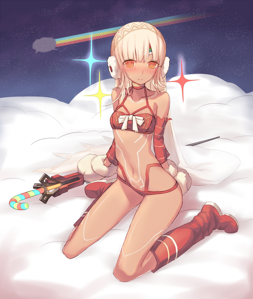 altera_(fate) altera_the_santa bangs bare_shoulders blush boots breasts cloud dark_skin detached_sleeves doyou_tengoku_pikaraji earmuffs fate/grand_order fate_(series) highres looking_at_viewer mittens navel red_eyes red_footwear sheep short_hair sitting sky small_breasts solo star_(sky) starry_sky veil wariza white_hair