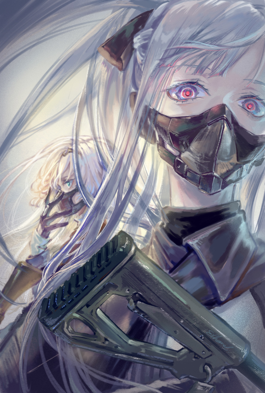 ak-12_(girls_frontline) an-94 an-94_(girls_frontline) aqua_eyes assault_rifle bangs black_bow black_gloves blonde_hair bow braid commentary_request ethanol_(8521966) eyebrows_visible_through_hair face_mask floating_hair french_braid girls_frontline gloves gun hair_bow hairband hand_to_own_mouth highres holding holding_gun holding_weapon long_hair long_sleeves looking_at_viewer mask multiple_girls ninja_mask purple_eyes respirator rifle scarf sidelocks silver_hair very_long_hair weapon wind