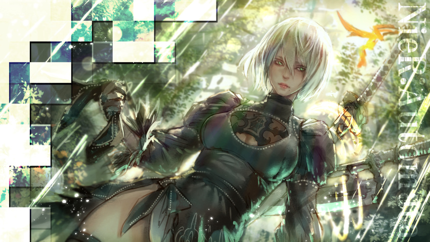 absurdres black_dress blue_eyes cleavage_cutout commentary_request dress feather-trimmed_sleeves highres juliet_sleeves kaburagi_yasutaka long_sleeves looking_at_viewer mole mole_under_mouth nier_(series) nier_automata no_blindfold puffy_sleeves silver_hair solo sword sword_behind_back thighhighs thighs vambraces weapon yorha_no._2_type_b