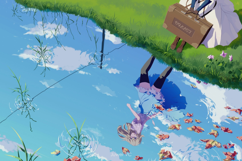 afloat afloat_leaves bangs blonde_hair blue_eyes blue_jacket blue_skirt brown_footwear cloud commentary_request day different_reflection dress flower frilled_skirt frills grass hair_between_eyes jacket leaf light_reflection_(water) long_hair long_sleeves petals petals_on_liquid reflection ripples scenery shirt skirt solo suitcase thighhighs thighs violet_evergarden violet_evergarden_(character) water white_shirt white_skirt yulidoufu