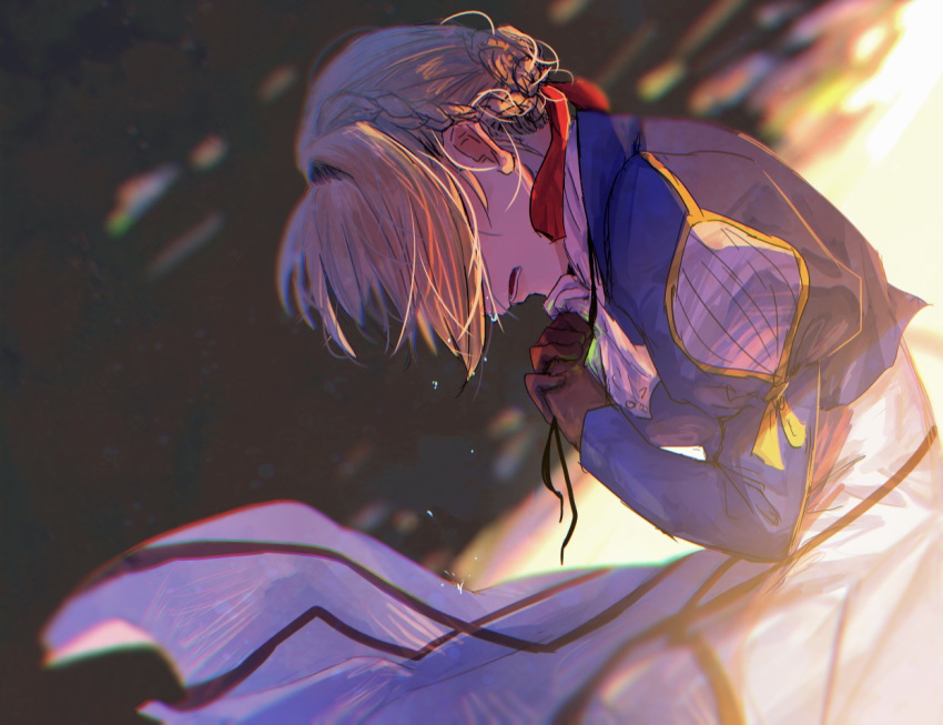 bangs bent_over blonde_hair blue_jacket braid braided_bun brooch commentary_request covered_face crying dress gloves hair_between_eyes hair_intakes hair_ribbon hands_clasped jacket jewelry long_hair ore_suzuki own_hands_together red_ribbon ribbon sad sobbing solo tears violet_evergarden violet_evergarden_(character)