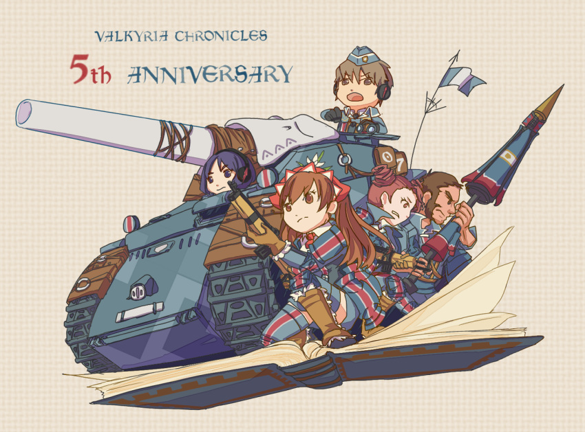 3girls alicia_melchiott brigitte_stark commentary_request edelweiss_(senjou_no_valkyria) ground_vehicle gun isara_gunther largo_potter military military_vehicle motor_vehicle multiple_boys multiple_girls nemoko_(greensky-bird) rifle senjou_no_valkyria senjou_no_valkyria_1 tank weapon welkin_gunther