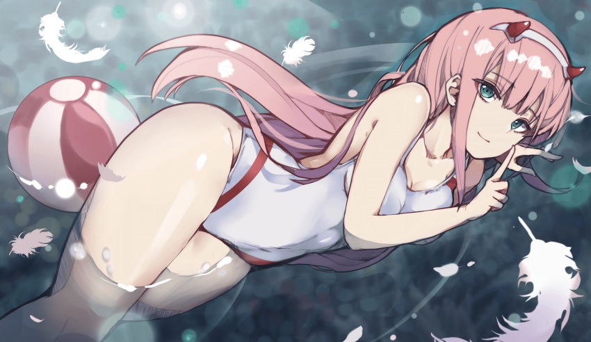 ball beachball competition_swimsuit cowboy_shot darling_in_the_franxx feathers hairband hanakanzarashi highres horns index_finger_raised long_hair looking_at_viewer lying no_nose on_side one-piece_swimsuit partially_submerged pink_hair shiny shiny_hair smile solo straight_hair swimsuit water white_hairband white_swimsuit zero_two_(darling_in_the_franxx)