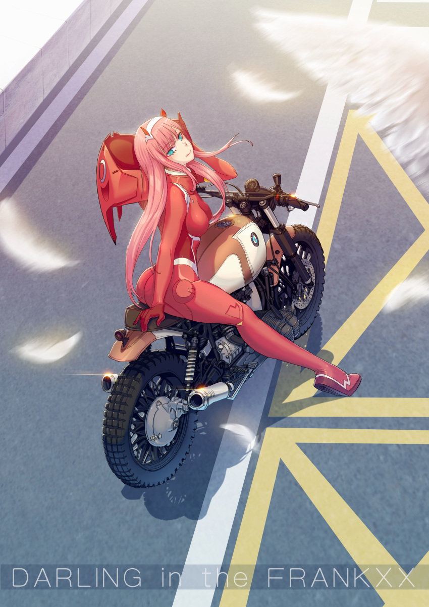 absurdres ass bodysuit breasts commentary darling_in_the_franxx feathers green_eyes ground_vehicle hairband highres horns long_hair looking_at_viewer medium_breasts motor_vehicle motorcycle on_motorcycle pilot_suit pink_hair red_bodysuit skin_tight solo tongue tongue_out white_hairband wings zero_two_(darling_in_the_franxx) zhuyukun2003
