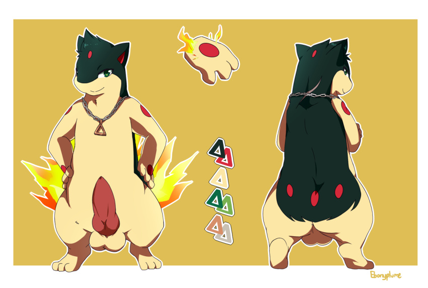 anthro backsack balls butt fak&eacute;mon fan_character fire ghostierplume jewelry knot male necklace nintendo penis pok&eacute;mon pok&eacute;mon_(species) quilava video_games