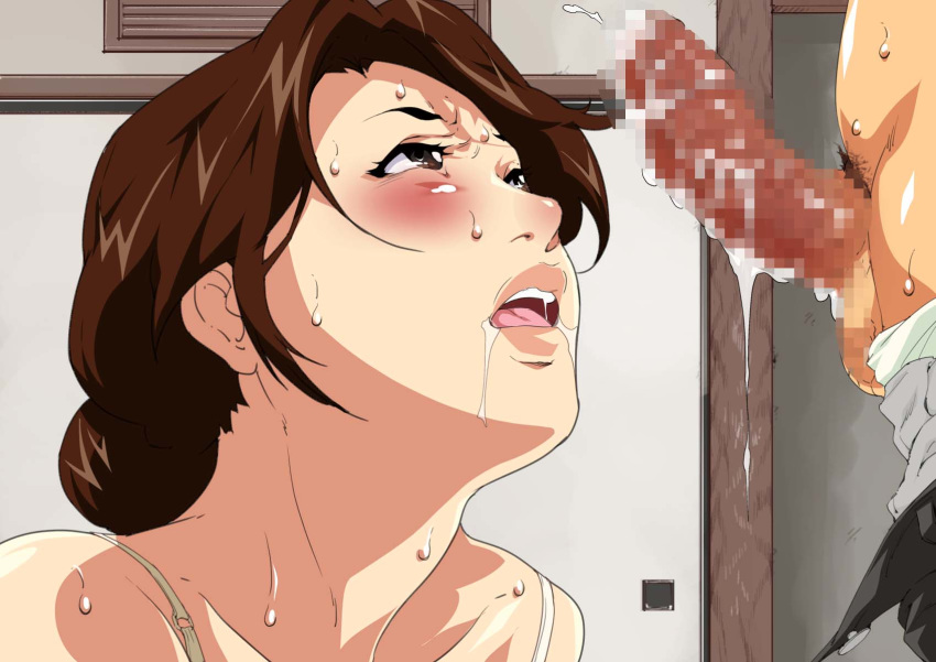 1girl bare_shoulders blush bra bra_strap brown_eyes brown_hair censored drooling erection hair_bun highres hikaru_no_go indoors lips looking_at_another looking_up male_pubic_hair matching_hair/eyes milf mosaic_censoring open_mouth penis pubic_hair saliva saya_products shindou_mitsuko solo_focus standing sweat testicles unbuttoned upper_body