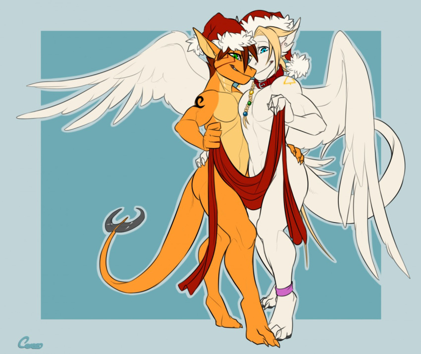 angel_dragon anthro blue_eyes cerezo christmas claws dragon duo erkhan feathered_wings feathers green_eyes hat holidays looking_at_viewer male male/male nude orange_body santa_hat scalie siegfried slit_pupils smile white_body wings