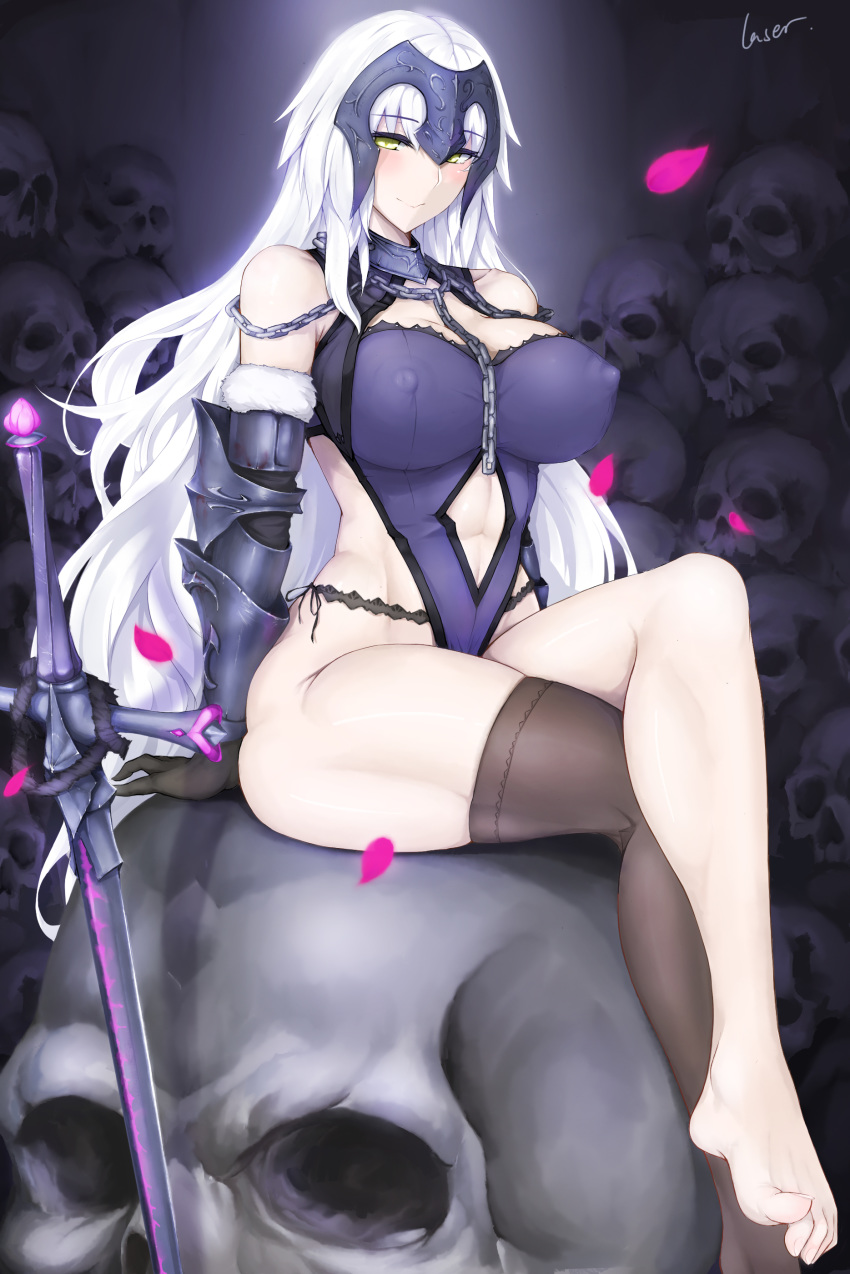 abs absurdres bangs bare_shoulders barefoot between_breasts black_gloves black_panties blush breasts brown_legwear chain closed_mouth collarbone commentary_request covered_nipples crossed_legs elbow_gloves eyebrows_visible_through_hair falling_petals fate/grand_order fate_(series) feet fur-trimmed_gloves fur_trim gloves glowing glowing_eyes half-closed_eyes headpiece highres impossible_clothes impossible_leotard jeanne_d'arc_(alter)_(fate) jeanne_d'arc_(fate)_(all) large_breasts legs leotard long_hair looking_at_viewer mature panties petals planted_sword planted_weapon purple_eyes purple_leotard rosaline shiny shiny_skin side-tie_panties signature single_thighhigh sitting skindentation skull smile solo sword taut_leotard thick_thighs thighhighs thighs toenails toes toned underwear vambraces very_long_hair weapon white_hair yellow_eyes