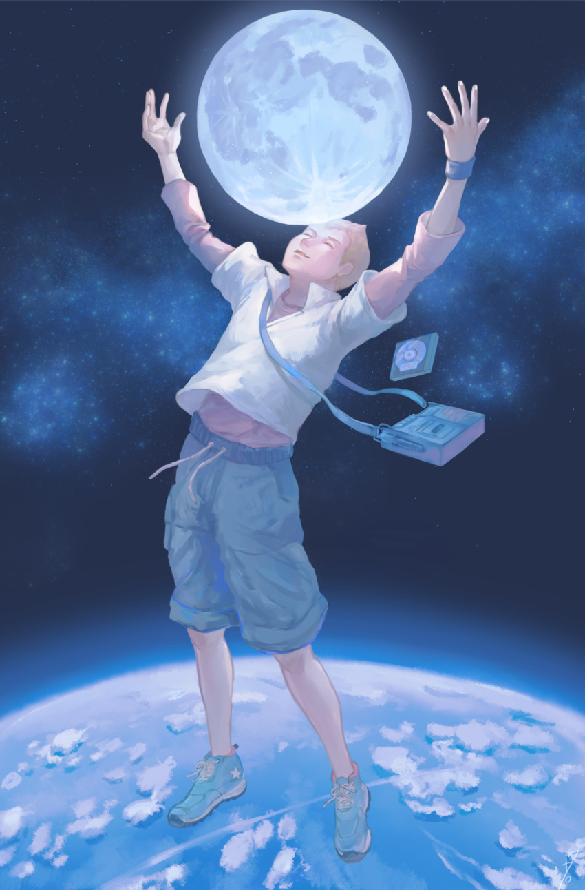 7_(urayosi) arms_up cd closed_eyes earth full_body highres light_brown_hair male_focus moon nanba_hibito shoes shorts sneakers solo space tape_recorder uchuu_kyoudai