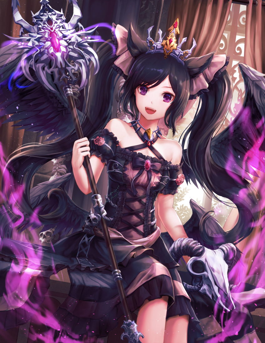 :d animal_ears aura bangs bare_shoulders black_dress black_hair black_wings breasts commentary cross-laced_clothes curtains dress eyebrows_visible_through_hair hair_ribbon highres holding indoors long_hair looking_at_viewer low_wings lunacle medium_breasts open_mouth original purple_eyes ribbon sitting skull smile solo staff tiara twintails window wings
