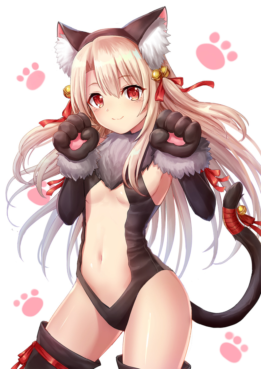 animal_ears bangs bell black_gloves black_legwear black_leotard blush breasts cat_ears cat_tail closed_mouth commentary_request elbow_gloves eyebrows_visible_through_hair fate/kaleid_liner_prisma_illya fate_(series) gloves hair_bell hair_between_eyes hair_ornament hair_ribbon head_tilt highres illyasviel_von_einzbern jingle_bell leotard light_brown_hair looking_at_viewer navel paw_gloves paws red_eyes red_ribbon ribbon seungju_lee simple_background small_breasts smile solo standing tail tail_bell tail_raised tail_ribbon thighhighs two_side_up underboob white_background