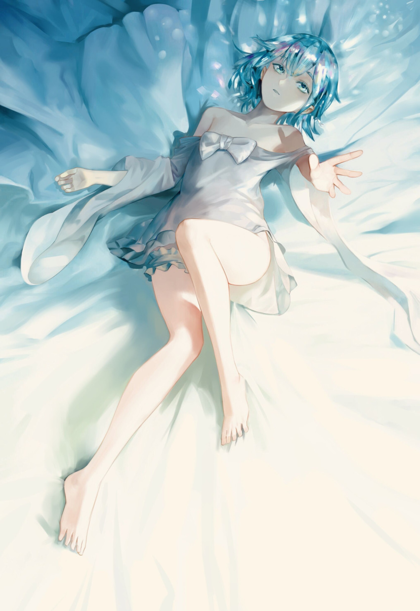 absurdres androgynous barefoot bed_sheet blue_eyes blue_hair diamond_(houseki_no_kuni) dress highres houseki_no_kuni leiq looking_at_viewer lying on_back outstretched_arm outstretched_hand short_hair solo white_dress wide_sleeves