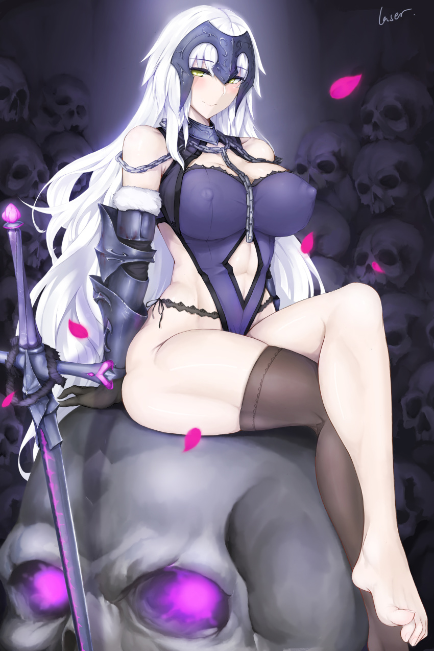 abs absurdres bangs bare_shoulders barefoot between_breasts black_gloves black_panties blush breasts brown_legwear chain closed_mouth collarbone covered_nipples crossed_legs elbow_gloves eyebrows_visible_through_hair falling_petals fate/grand_order fate_(series) fur-trimmed_gloves fur_trim gloves glowing glowing_eyes half-closed_eyes headpiece highres impossible_clothes impossible_leotard jeanne_d'arc_(alter)_(fate) jeanne_d'arc_(fate)_(all) large_breasts legs leotard long_hair looking_at_viewer mature panties petals planted_sword planted_weapon purple_eyes purple_leotard rosaline shiny shiny_skin side-tie_panties signature single_thighhigh sitting skindentation skull smile solo sword taut_leotard thick_thighs thighhighs thighs toenails toes toned underwear vambraces very_long_hair weapon white_hair yellow_eyes