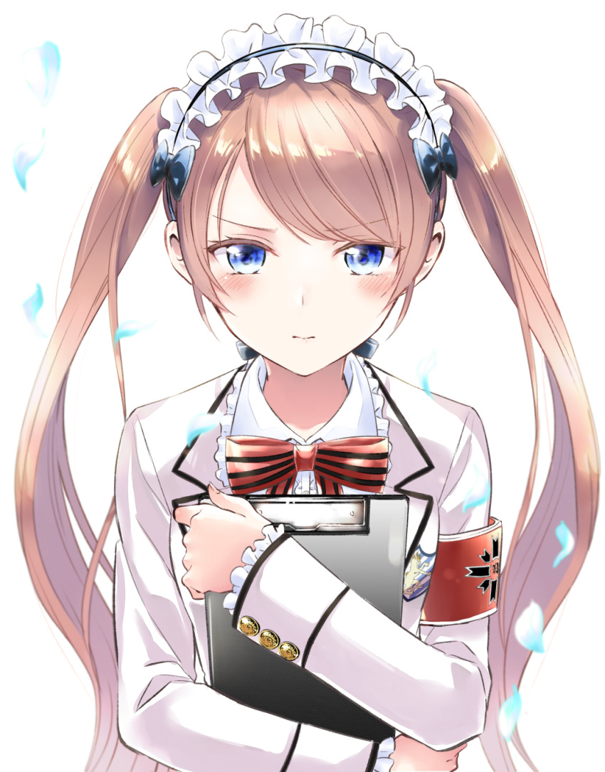anne_sieber armband bangs black_bow black_hairband blue_eyes blush bow center_frills clipboard closed_mouth collared_shirt commentary eyebrows_visible_through_hair frilled_hairband frills hairband highres jacket kishuku_gakkou_no_juliet light_brown_hair long_hair long_sleeves looking_at_viewer natsupa petals red_bow shirt solo striped striped_bow twintails upper_body very_long_hair white_jacket white_shirt
