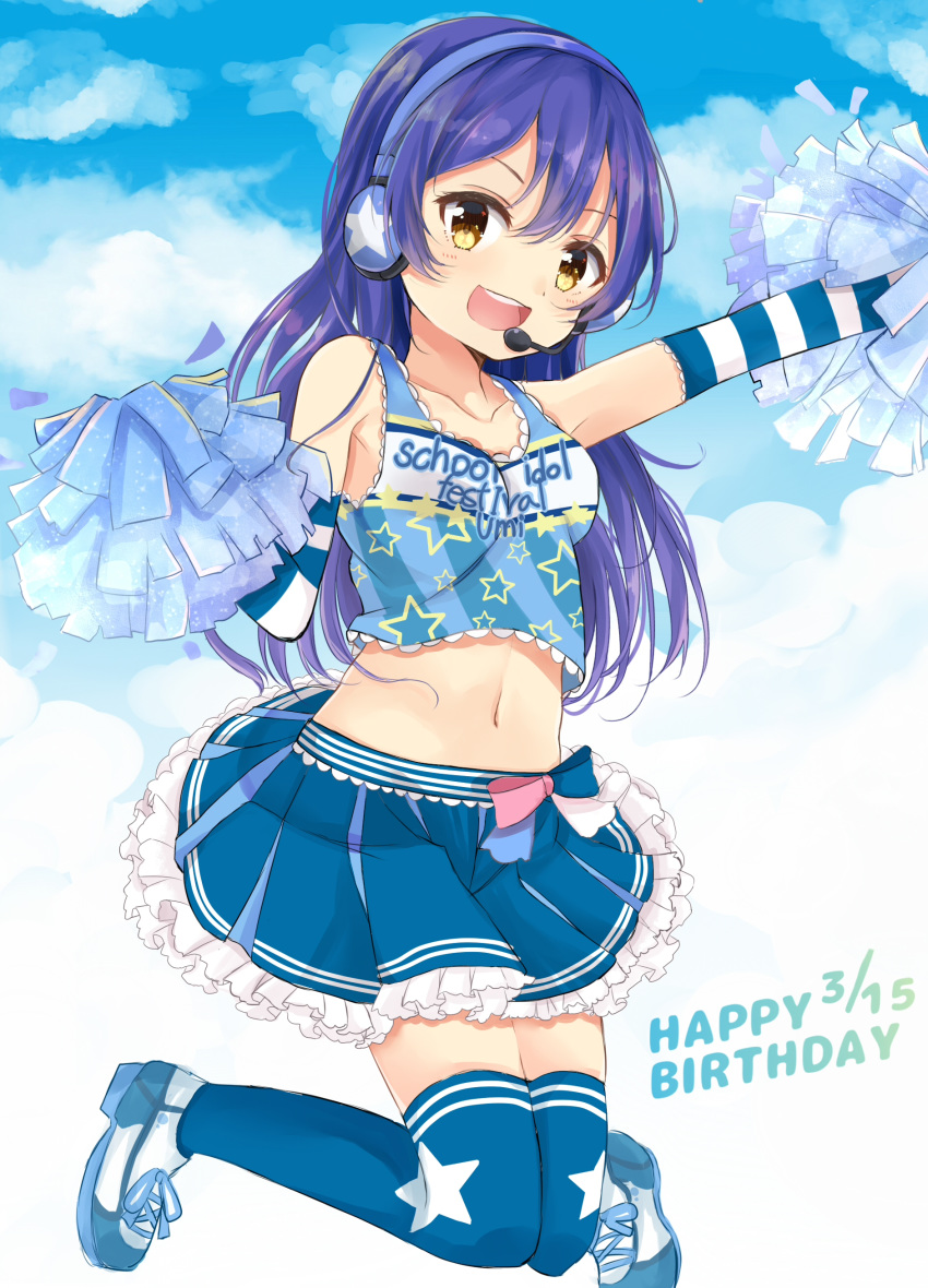 :d absurdres amidada bangs blood blue_legwear blue_shirt blue_skirt blue_sky blush breasts brown_eyes character_name cheerleader cloud cloudy_sky collarbone commentary_request copyright_name crop_top dated detached_sleeves eyebrows_visible_through_hair frilled_skirt frills hair_between_eyes happy_birthday headphones headset highres long_hair long_sleeves looking_at_viewer love_live! love_live!_school_idol_project medium_breasts navel open_mouth outstretched_arm pleated_skirt pom_poms print_shirt purple_hair shirt shoes skirt sky sleeveless sleeveless_shirt smile sneakers solo sonoda_umi star star_print striped thighhighs upper_teeth very_long_hair white_background