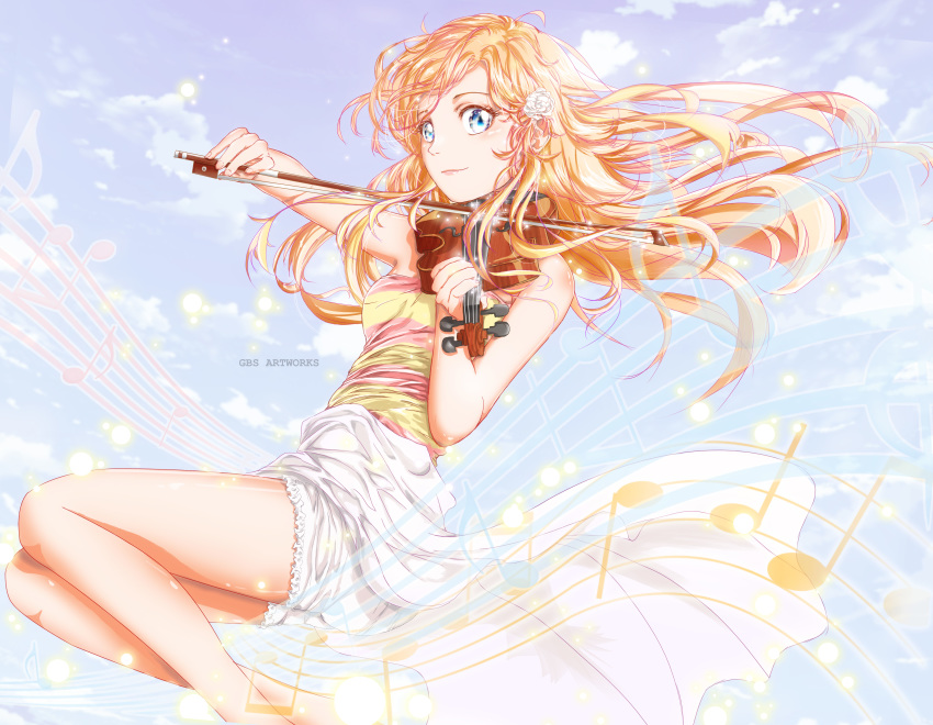 absurdres alternate_costume beamed_eighth_notes blonde_hair blue_eyes bow_(instrument) commentary flower gbsartworks hair_flower hair_ornament highres instrument long_hair miyazono_kawori musical_note shigatsu_wa_kimi_no_uso smile violin