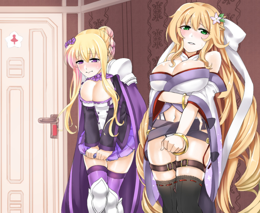 arm_under_breasts armor bangle bare_shoulders bell black_legwear blonde_hair blush bracelet braid breast_hold breasts bursting_breasts cape cleavage cleavage_cutout commentary_request detached_collar door drill_hair embarrassed eyebrows_visible_through_hair flower flower_knight_girl french_braid green_eyes hair_bun hair_flower hair_ornament half-closed_eyes hand_up hands_together have_to_pee huge_breasts indoors jasmine_(flower_knight_girl) jewelry jingle_bell large_breasts long_hair long_sleeves looking_to_the_side monoton_(neoteto) multiple_girls navel pauldrons pleated_skirt purple_cape purple_eyes purple_flower purple_legwear purple_skirt ribbon-trimmed_legwear ribbon_trim saintpaulia_(flower_knight_girl) shirt single_braid skindentation skirt skirt_tug standing sweat teeth thigh_strap thighhighs tied_hair twin_drills v_arms very_long_hair white_flower