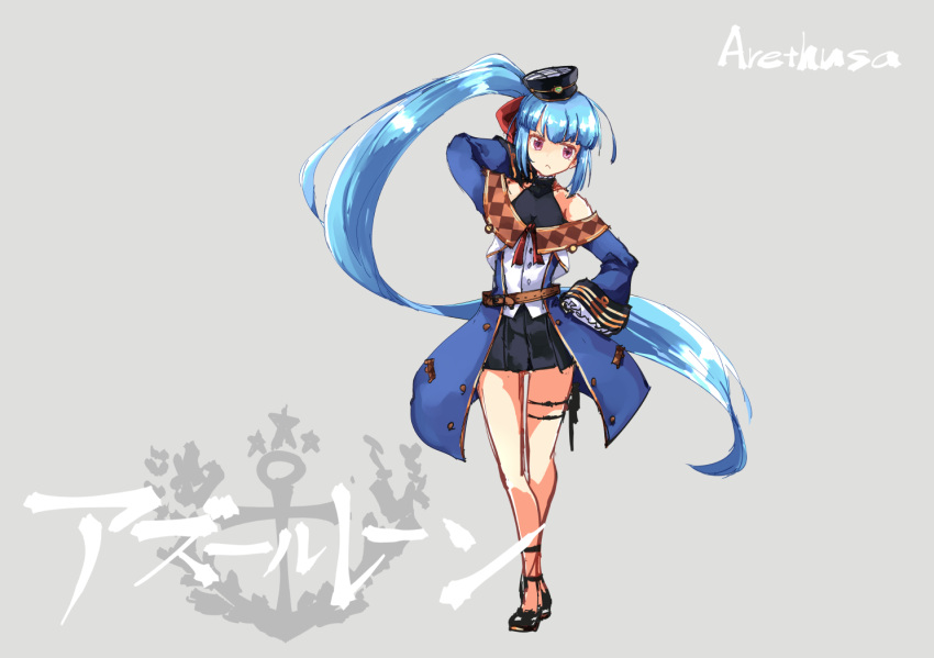 :&lt; anchor arethusa_(azur_lane) arm_behind_head arm_up azur_lane bangs bare_shoulders black_footwear black_hat black_skirt blue_coat blunt_bangs bow buttons character_name closed_mouth coat copyright_name eyebrows eyebrows_visible_through_hair frilled_sleeves frills full_body grey_background hair_bow hand_on_hip hat high_ponytail long_hair long_sleeves mini_hat miniskirt off_shoulder open_clothes open_coat pink_eyes pleated_skirt red_bow shigatsu_shizuki shiny shiny_hair shirt shoes sidelocks skirt solo standing star thigh_strap turtleneck unbuttoned v-shaped_eyebrows very_long_hair white_shirt wide_sleeves