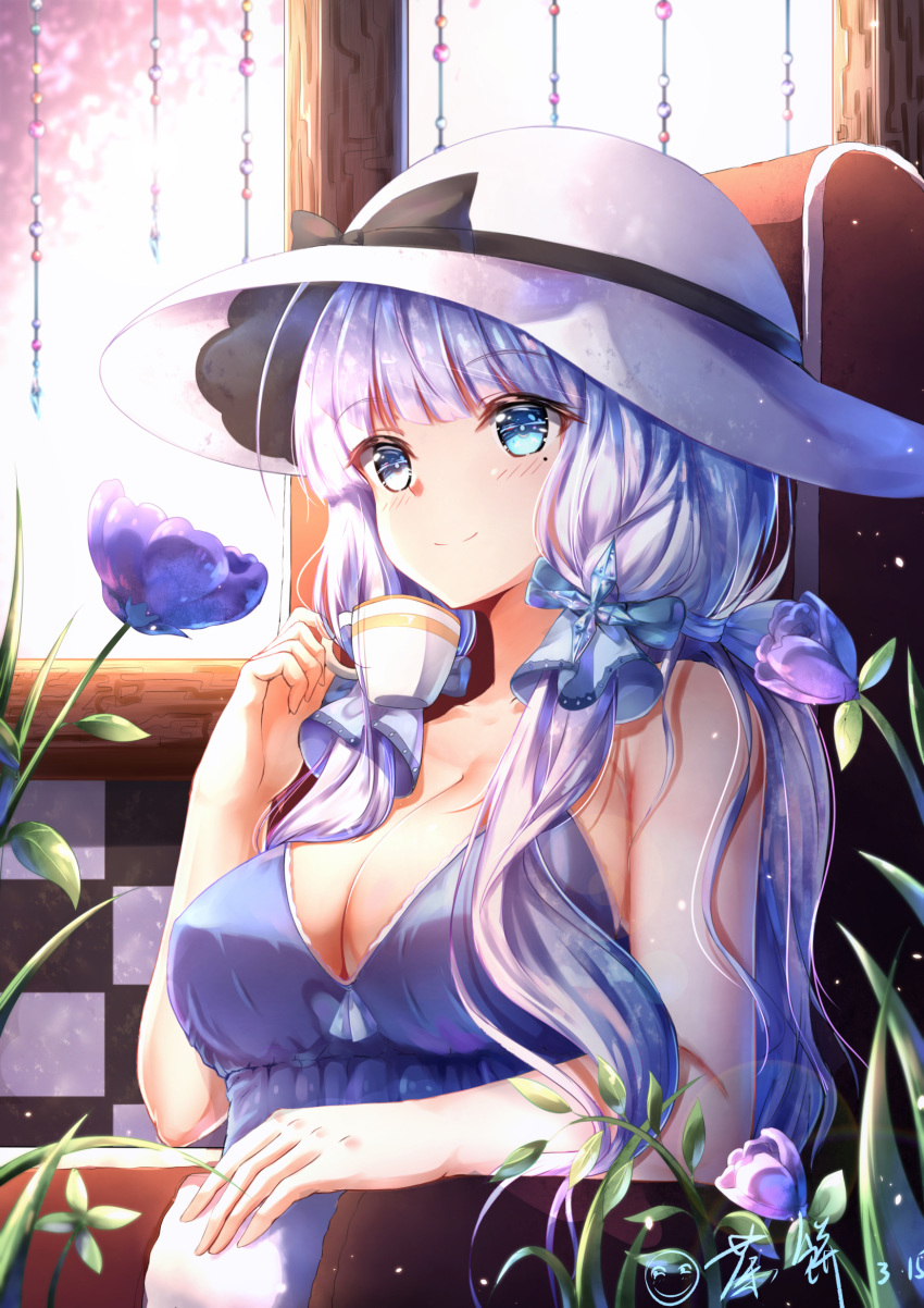 armchair azur_lane bangs bare_arms bare_shoulders black_bow blue_eyes blush bow breasts chahei chair checkered cleavage closed_mouth commentary_request cup dated dress eyebrows_visible_through_hair flower hair_ornament hat hat_bow highres holding holding_cup illustrious_(azur_lane) indoors large_breasts long_hair looking_away purple_dress purple_flower signature silver_hair sleeveless sleeveless_dress smile solo sunlight very_long_hair white_hat window
