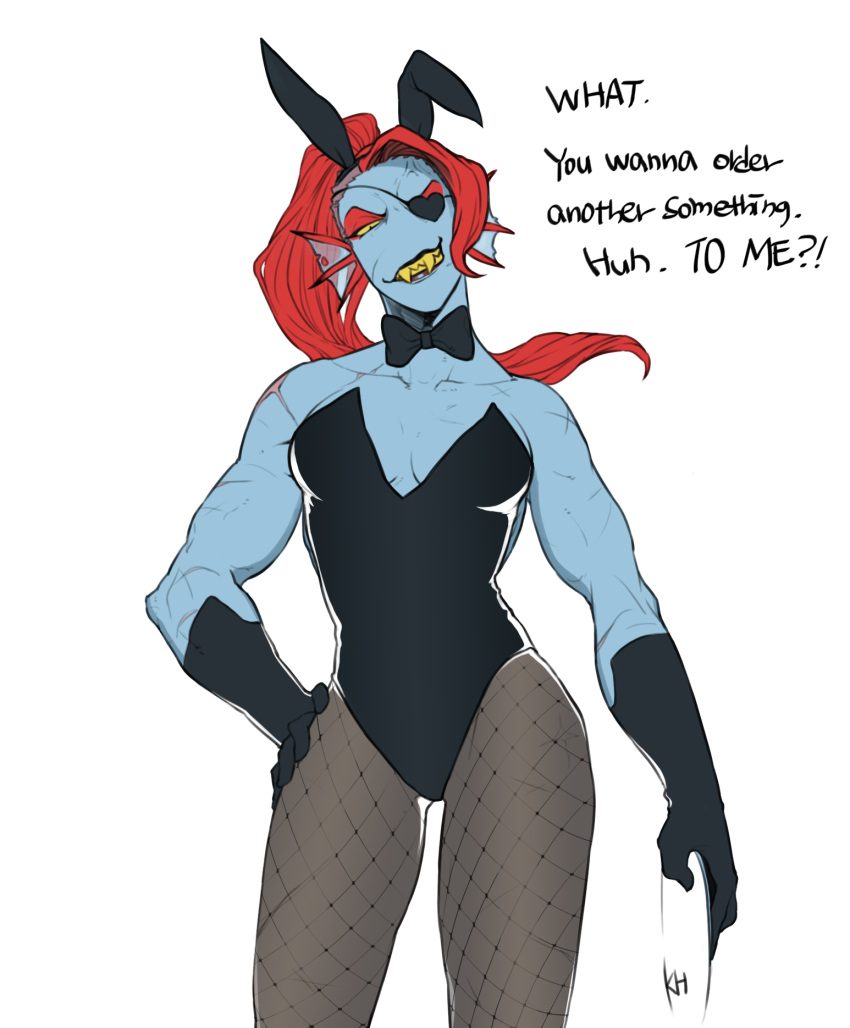 blue_skin bow_tie breasts bunny_costume cleavage clothed clothing costume english_text eye_patch eyewear fangs female fish hair hi_res humanoid kkhoppang lingerie long_hair marine muscular muscular_female red_hair scar simple_background solo standing teddy_(clothing) text undertale undyne video_games white_background