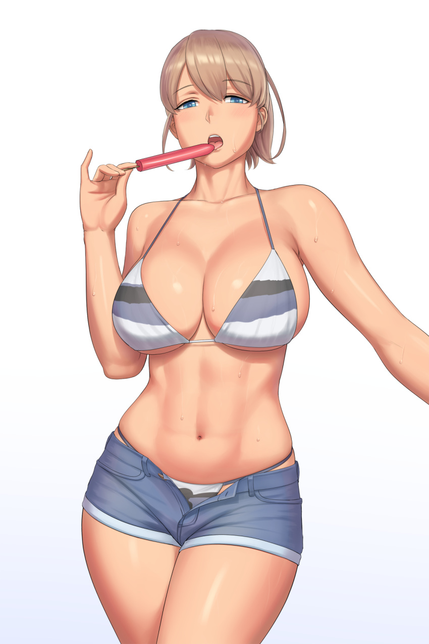 abs bare_shoulders bikini blue_eyes breasts brown_hair cleavage denim denim_shorts food highres hips intrepid_(kantai_collection) kantai_collection large_breasts looking_at_viewer lvl_(sentrythe2310) navel pinky_out popsicle short_hair short_shorts shorts simple_background skindentation solo standing stomach sweat swimsuit thighs tongue white_background