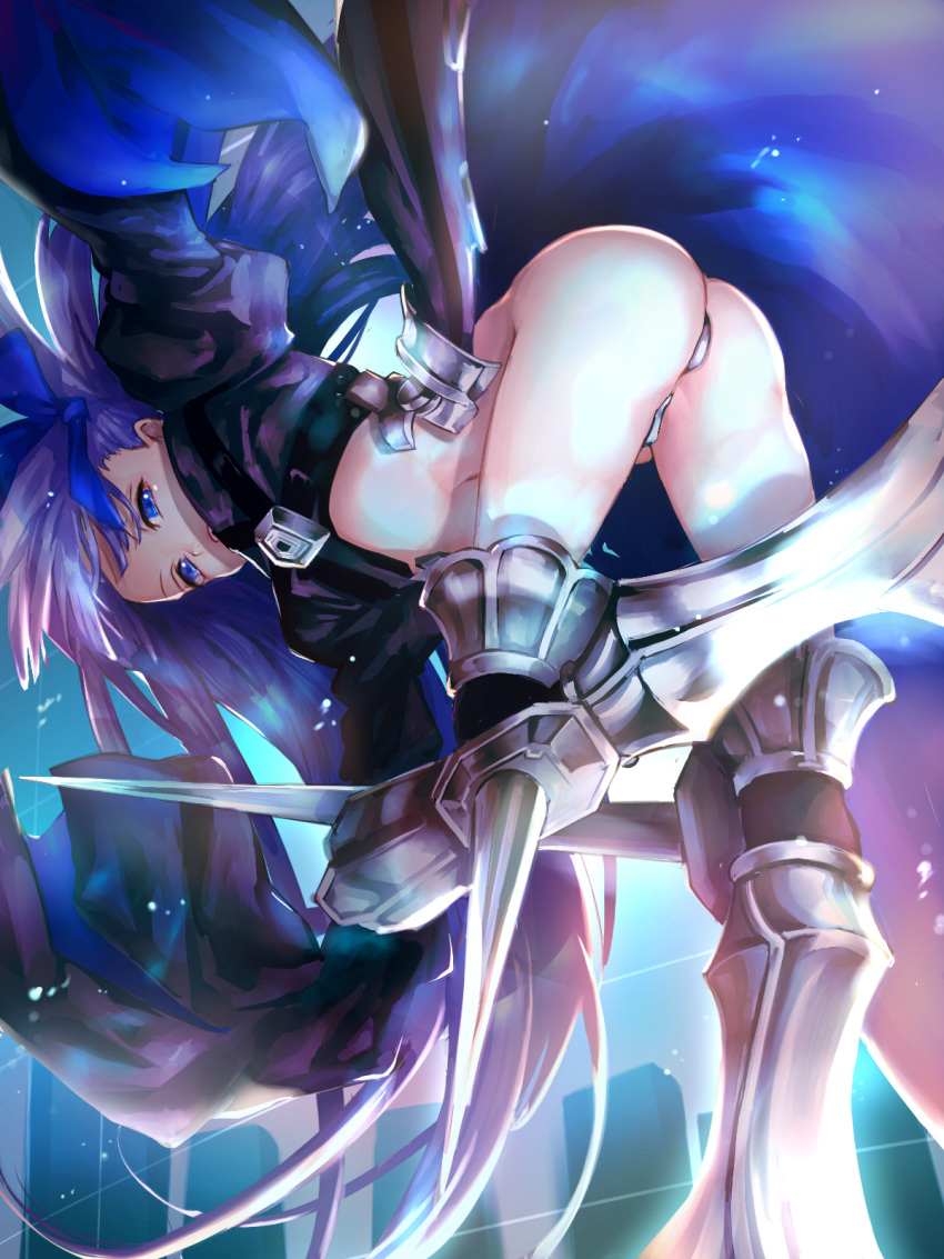armor armored_boots ass bacardi18977280 bent_over blue_eyes boots fate/extra fate/extra_ccc fate/grand_order fate_(series) from_behind from_below hair_ribbon highres long_hair long_sleeves looking_at_viewer looking_back meltlilith navel purple_hair revealing_clothes ribbon solo spikes very_long_hair
