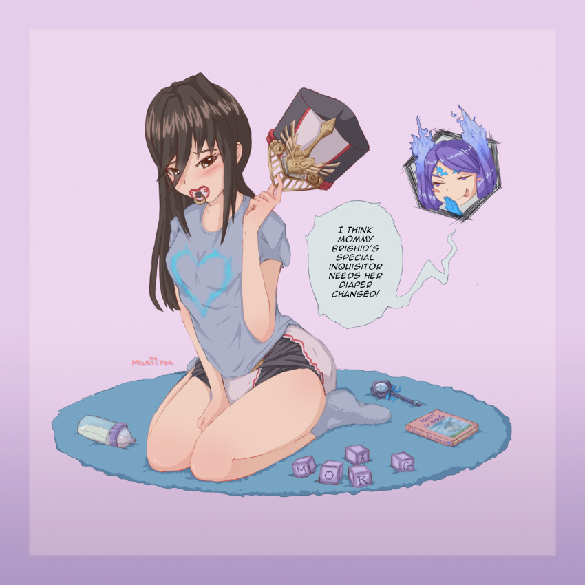 adult_baby baby_bottle book bottle building_block diaper fire hat highres kagutsuchi_(xenoblade) long_hair meleph_(xenoblade) military military_hat milkii-tea multiple_girls no_pants no_shoes pacifier purple_background purple_hair rattle simple_background smile socks underwear xenoblade_(series) xenoblade_2 yuri
