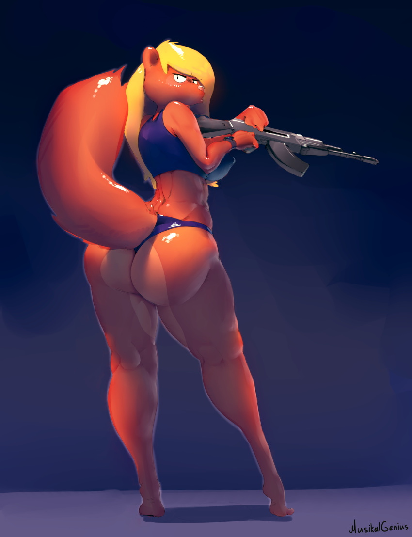2016 absurd_res ak-47 anthro assault_rifle big_breasts big_butt blonde_hair bra breasts butt clothed clothing digital_media_(artwork) feet female fur gun hair hi_res holding_object holding_weapon long_hair looking_at_viewer looking_back mammal midriff muscular musikalgenius nipples orange_fur panties raised_tail ranged_weapon rifle rodent simple_background solo sports_bra squirrel standing thick_thighs toes underwear weapon wide_hips wristwear