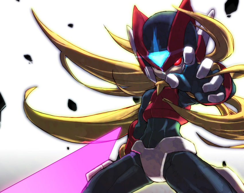 android beam_saber bodysuit commentary_request helmet holding holding_weapon long_hair male_focus omega_(rockman) red_eyes rockman rockman_zero rockman_zero_3 simple_background solo tonami_kanji weapon white_background