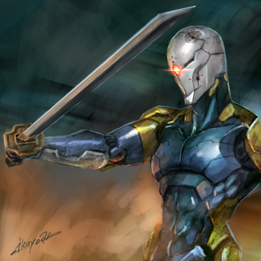 1boy cyborg cyborg_ninja frank_jager glowing glowing_eyes gray_fox ikuyoan metal_gear_(series) metal_gear_solid military red_eyes sword