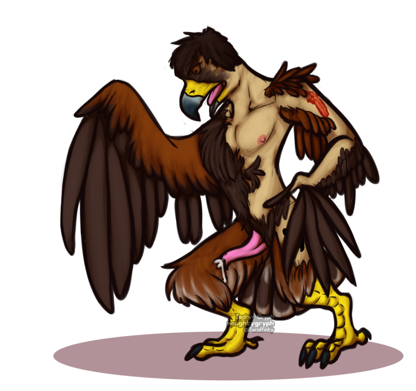 2018 animal_genitalia anthro avian beak bird claws colored cum digital_drawing_(artwork) digital_media_(artwork) erection feathered_wings feathers hair hi_res human humanoid invalid_tag male mammal markings naughtygryph nipples nude open_mouth orgasm penis simple_background solo standing surprise tentacles toe_claws tongue transformation wings