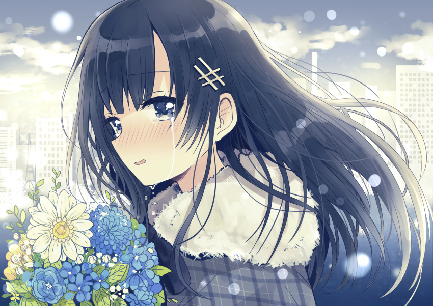 absurdres bangs black_hair blue_eyes blue_flower blue_sky blush bouquet building cloud commentary_request crying crying_with_eyes_open day eyebrows_visible_through_hair flower fur-trimmed_jacket fur_trim grey_jacket hair_ornament highres jacket long_hair looking_at_viewer looking_to_the_side nose_blush original outdoors parted_lips plaid plaid_jacket sakura_oriko sky skyscraper snow solo tears white_flower