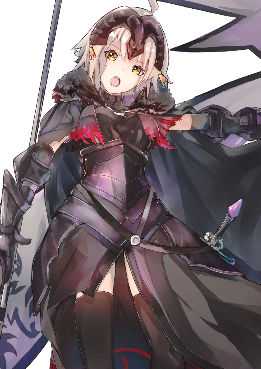 absurdres ahoge armor armored_dress bangs breastplate breasts cape commentary_request eyebrows_visible_through_hair fate/grand_order fate_(series) feet_out_of_frame flag fur_collar gauntlets headpiece highres jeanne_d'arc_(alter)_(fate) jeanne_d'arc_(fate)_(all) looking_at_viewer marova-00 medium_breasts open_mouth outstretched_arm short_hair silver_hair simple_background solo sword weapon white_background yellow_eyes