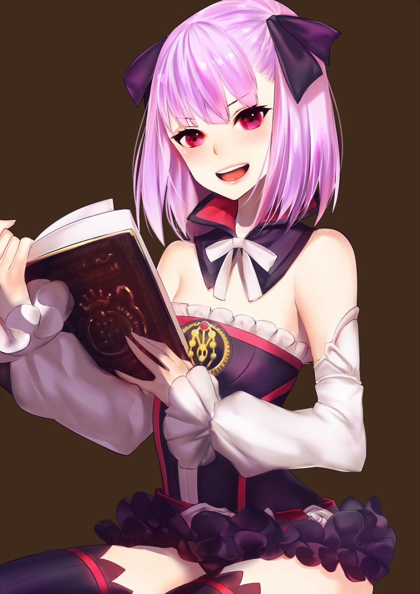 bare_shoulders blush book commentary_request detached_collar detached_sleeves dress eyebrows_visible_through_hair fate/grand_order fate_(series) hair_ribbon helena_blavatsky_(fate/grand_order) highres holding holding_book looking_at_viewer pink_eyes purple_hair rahato ribbon short_hair sitting solo white_sleeves