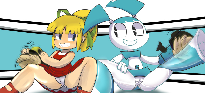 android blonde_hair bluedragonkaiser breasts camel_toe capcom digital_media_(artwork) female grin hair hi_res jenny_wakeman machine mega_man_(series) my_life_as_a_teenage_robot not_furry pussy robot roll smile video_games young