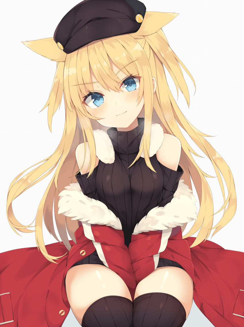 animal_ears bangs bare_shoulders between_legs black_hat black_legwear black_sweater blonde_hair blue_eyes blush breasts cat_ears closed_mouth commentary_request eyebrows_visible_through_hair fur-trimmed_jacket fur_trim hand_between_legs hat highres jacket long_hair looking_at_viewer medium_breasts nibiiro_shizuka off_shoulder open_clothes open_jacket original red_jacket ribbed_legwear ribbed_sweater shoulder_cutout simple_background sitting smile solo sweater thighhighs turtleneck turtleneck_sweater white_background
