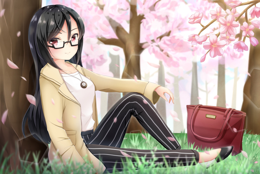 bag bangs beige_jacket black_footwear black_hair black_pants blurry blurry_foreground cherry_blossoms closed_mouth collarbone commentary_request day depth_of_field eyebrows_visible_through_hair flower glasses hair_between_eyes highres inahori jacket jewelry long_hair long_sleeves looking_at_viewer looking_to_the_side official_art open_clothes open_jacket original outdoors pants pendant pink_flower red_eyes shirt sitting smile solo striped tree vertical-striped_pants vertical_stripes very_long_hair white_shirt