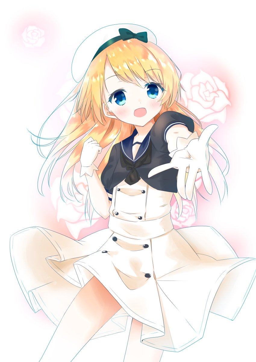 absurdres blonde_hair blue_eyes blue_sailor_collar blush cowboy_shot dress eyebrows_visible_through_hair flower gloves gradient gradient_background hat highres jervis_(kantai_collection) kantai_collection long_hair looking_at_viewer open_mouth puffy_short_sleeves puffy_sleeves reaching_out rose sailor_collar sailor_dress sailor_hat short_sleeves smile solo tamamo_(tama_p) white_dress white_gloves white_hat