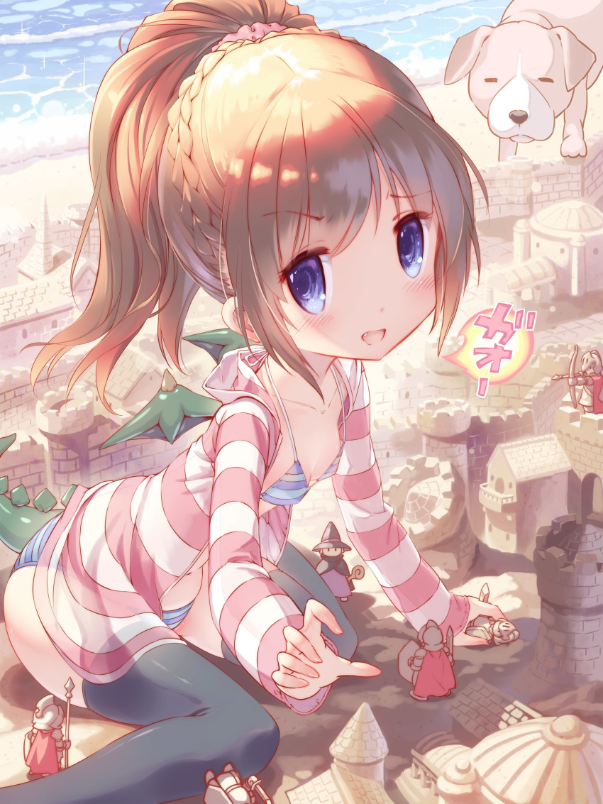 :d absurdres animal beach bikini black_legwear blue_eyes braid breasts brown_hair commentary_request dog dragon_girl dragon_tail dragon_wings fang figure gao highres kankurou long_hair moe2018 ocean open_clothes open_mouth open_shirt original outdoors outstretched_hand pink_scrunchie ponytail sand_sculpture scrunchie shirt sitting small_breasts smile striped striped_bikini striped_shirt swimsuit tail thighhighs wariza water wings