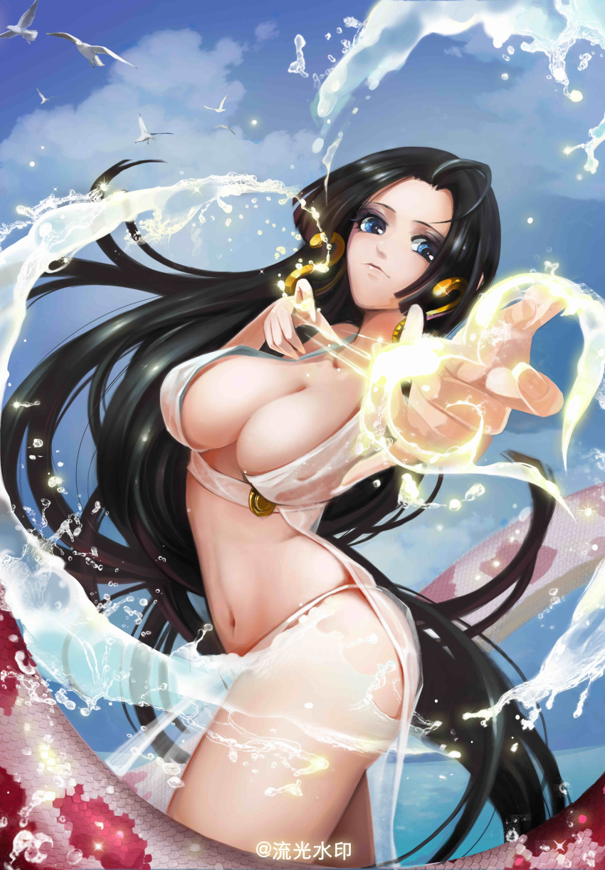 absurdres bare_legs bird black_hair blue_eyes boa_hancock breasts cloud commentary day dress earrings eyeshadow hand_gesture heart highres jewelry large_breasts leaning_back liuguang_shuiyin long_hair makeup midriff navel one_piece reaching_out salome_(one_piece) seagull see-through sky snake snake_earrings solo very_long_hair water wet wet_clothes