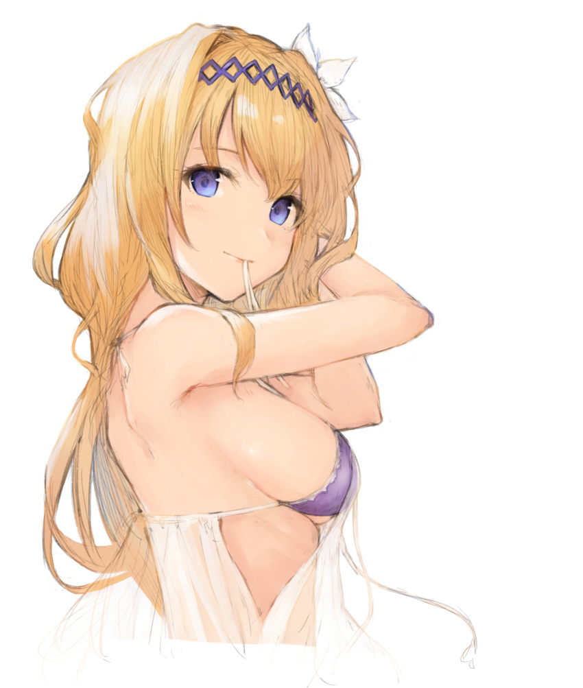 absurdres armpits arms_up bangs bikini bikini_top breasts eyebrows_visible_through_hair flower from_side granblue_fantasy hair_flower hair_ornament hairdressing headpiece highres jeanne_d'arc_(granblue_fantasy) koretsuki_azuma lips long_hair looking_at_viewer looking_to_the_side medium_breasts mouth_hold purple_bikini see-through shiny shiny_hair sideboob simple_background solo swimsuit upper_body white_background white_flower