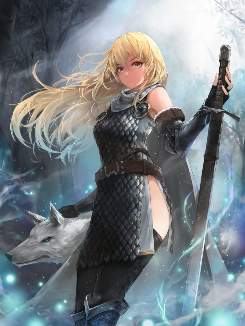 absurdres armor armored_boots bangs belt black_legwear blonde_hair boots cape closed_mouth crystalherb fingerless_gloves floating_hair from_below gloves green_eyes hair_between_eyes highres long_hair looking_at_viewer original outdoors planted_sword planted_weapon serious solo standing sword thighhighs tree vambraces weapon wolf