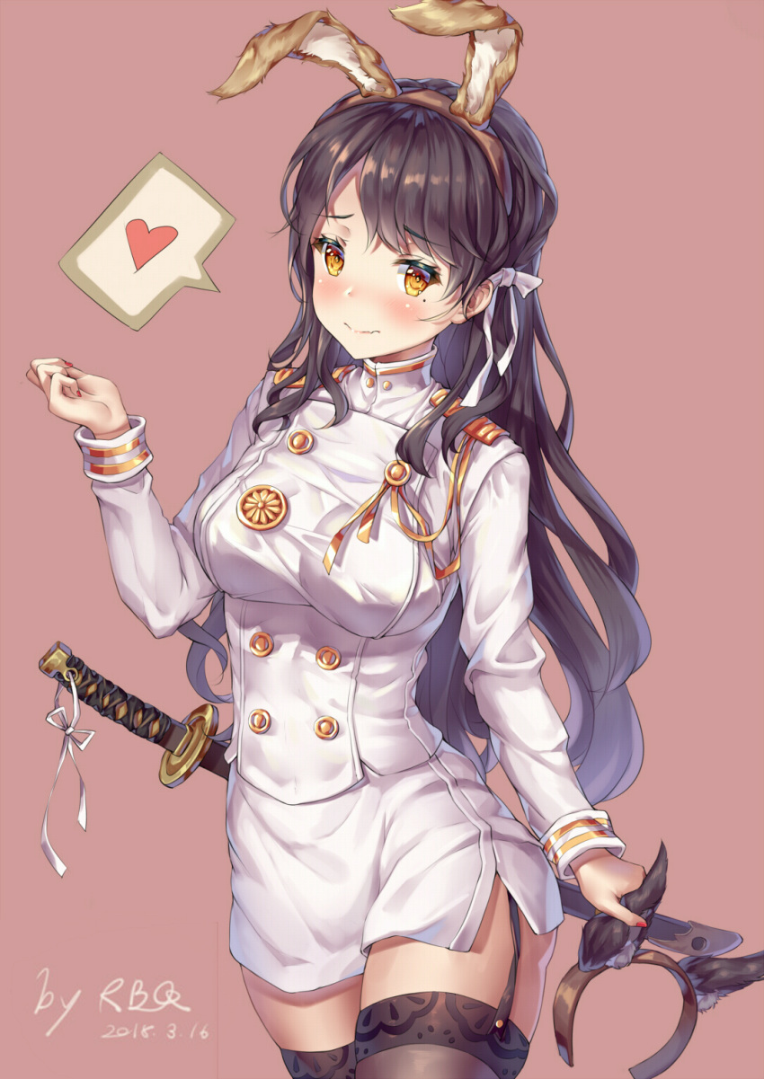 aiguillette animal_ears artist_name atago_(azur_lane) azur_lane badge bangs black_hair blush breasts brown_hairband brown_legwear bunny_ears closed_mouth commentary_request cowboy_shot dated dog_ears double-breasted epaulettes eyebrows_visible_through_hair fake_animal_ears fang garter_straps hair_ribbon hairband hand_up heart highres holding jacket katana large_breasts long_hair long_sleeves looking_at_viewer military military_jacket military_uniform miniskirt mole mole_under_eye nail_polish pencil_skirt pink_background print_legwear red_nails ribbon sheath sheathed shiny shiny_hair signature simple_background skirt smile solo speech_bubble spoken_heart standing swept_bangs sword taut_jacket thighhighs turtleneck uniform wavy_mouth weapon white_jacket white_ribbon white_skirt wolf_ears xi_zhujia_de_rbq yellow_eyes zettai_ryouiki