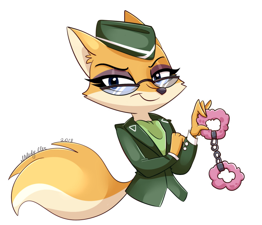 2018 anthro bdsm black_nose canine clothing eyelashes eyewear female fox glasses gloves handcuffs hat looking_at_viewer lt._fox_vixen mammal melodyclerenes military_uniform sek_studios shackles simple_background smile solo squirrel_and_hedgehog uniform white_background