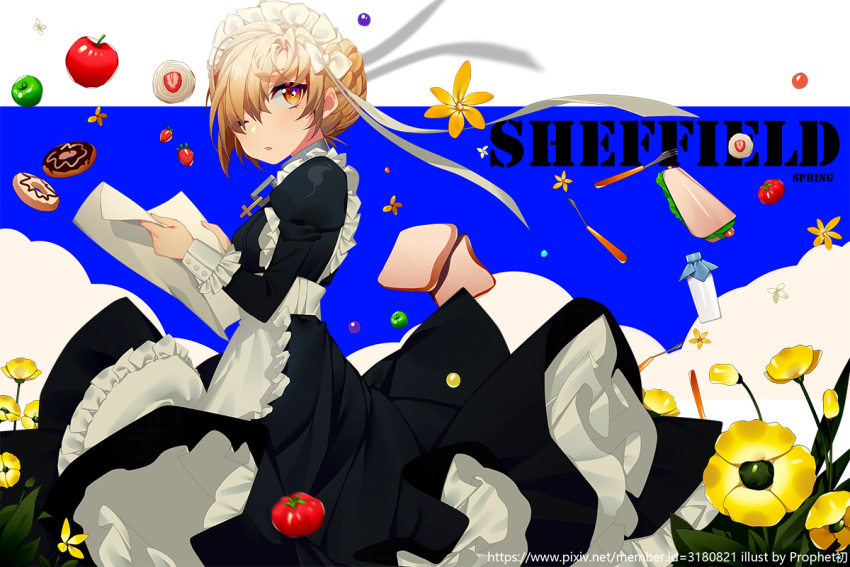 apple apron artist_name azur_lane bangs black_dress blonde_hair blue_sky brown_eyes chain character_name chocolate_doughnut commentary_request cross doughnut dress flower food fork frilled_apron frills fruit green_apple hair_over_one_eye juliet_sleeves long_sleeves looking_at_viewer looking_to_the_side maid maid_apron maid_headdress official_art one_eye_closed parted_lips prophet_chu puffy_sleeves red_apple sheffield_(azur_lane) short_hair sky solo tomato watermark web_address white_apron yellow_flower